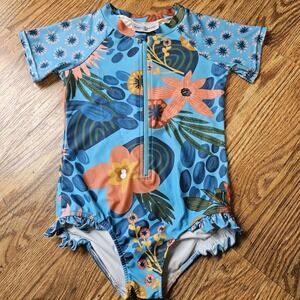 Oopsie Daisy Girls Blue Short Sleeve Swim Suit Tropical Floral Ruffle Zip Size 8